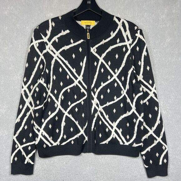 St John Cardigan Jacket Printed Pattern Knit Padded Zipper Black Women’s Large - Picture 1 of 13